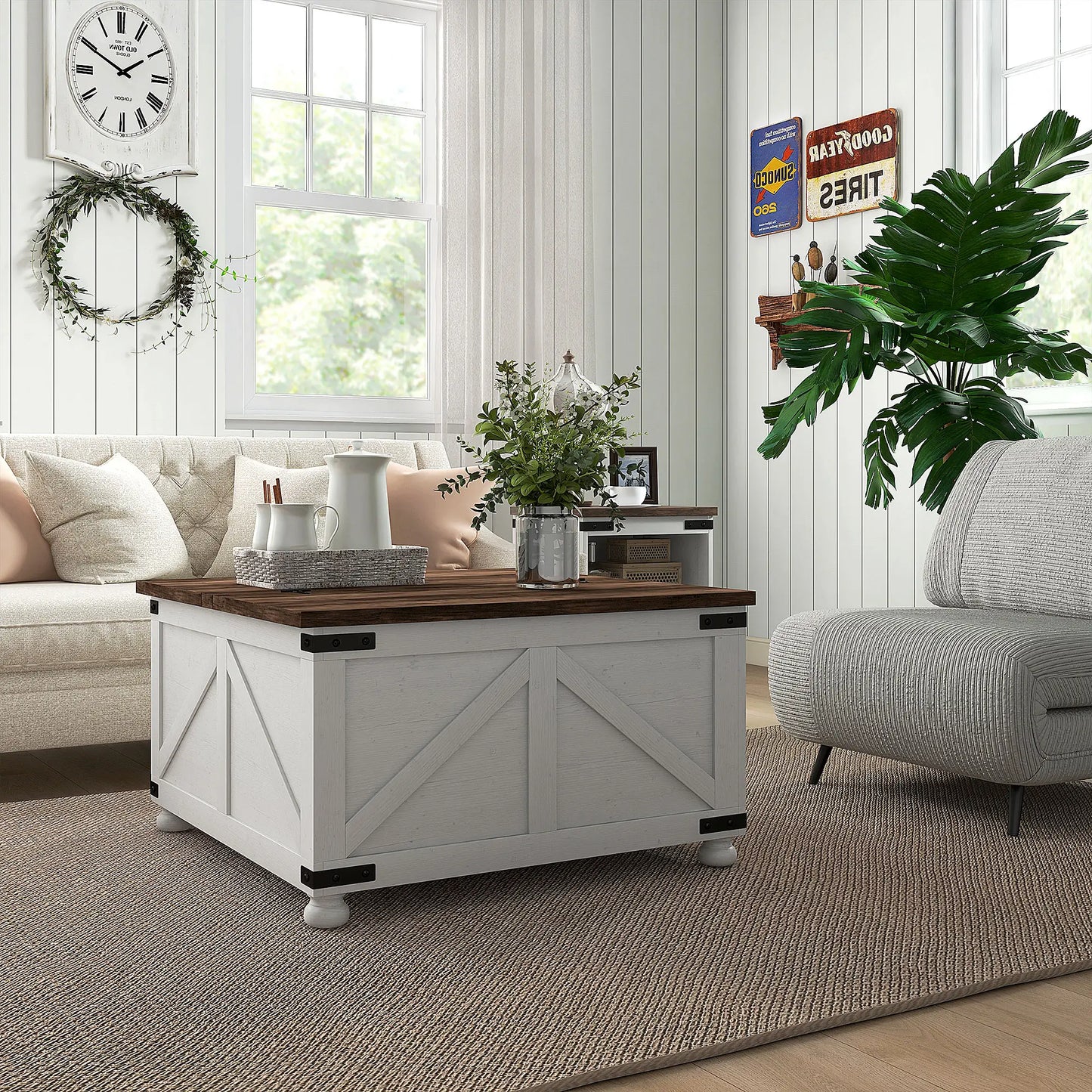 Coffee Table with Lift Top and Flip-top Lids, 32" Farmhouse style with 2 Hidden Compartments