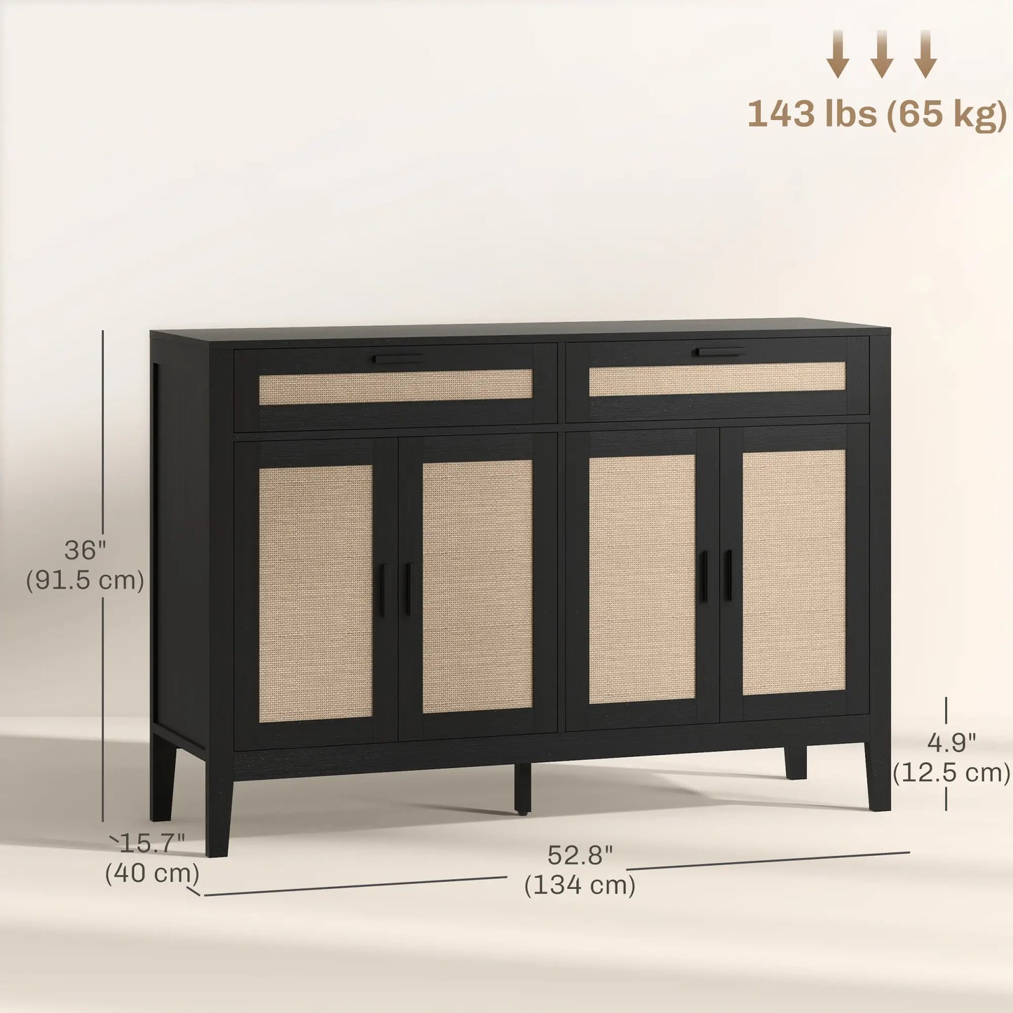 Boho Buffet Sideboard with Decorative Rattan Doors and Drawers, Black