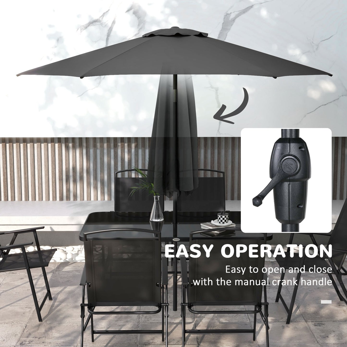 8 Piece Patio Set with Umbrella, 6 Folding Chairs, Rectangle Table, Set for 6 with Mesh Seat, Black