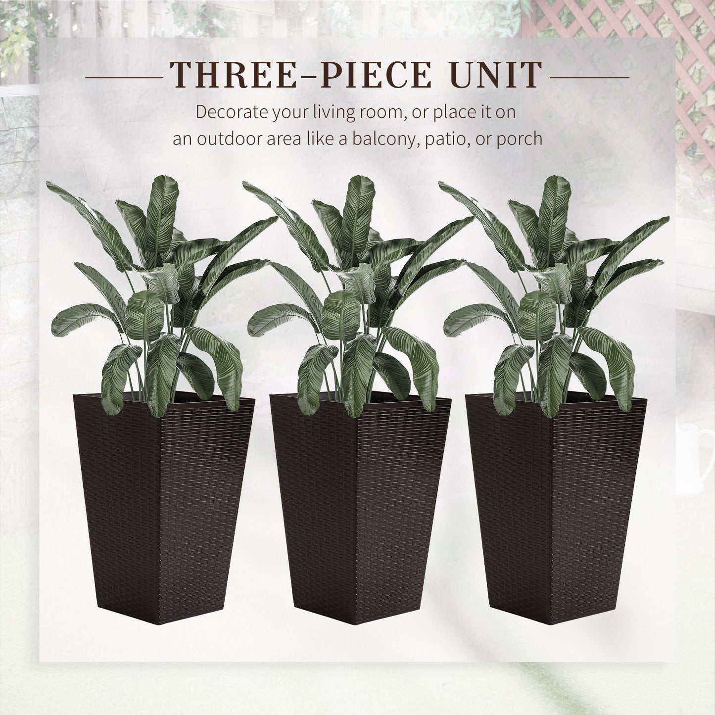 Set of 3 Tall Planters, Outdoor & Indoor Flower Pot Set for Front Door, Entryway, Patio and Deck, Brown