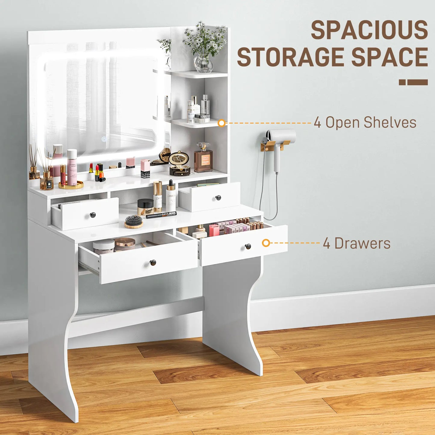 Vanity with Lighted Mirror, Charging Station, USB Ports, Drawers, Storage Shelves in White