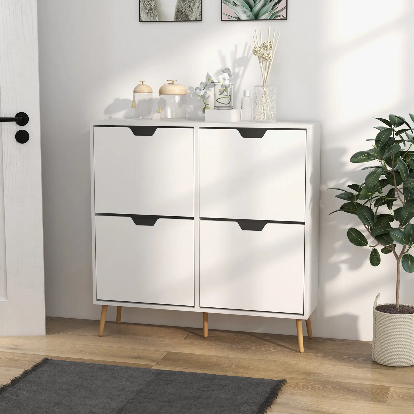 Shoe Storage Cabinet with 4 Flip Drawers and Adjustable Shelf, for 16 Pairs of Shoes, in White