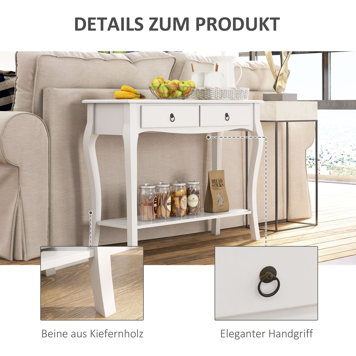 Modern Entryway Console Table with 2 Drawers and Bottom Shelf, in Ivory White