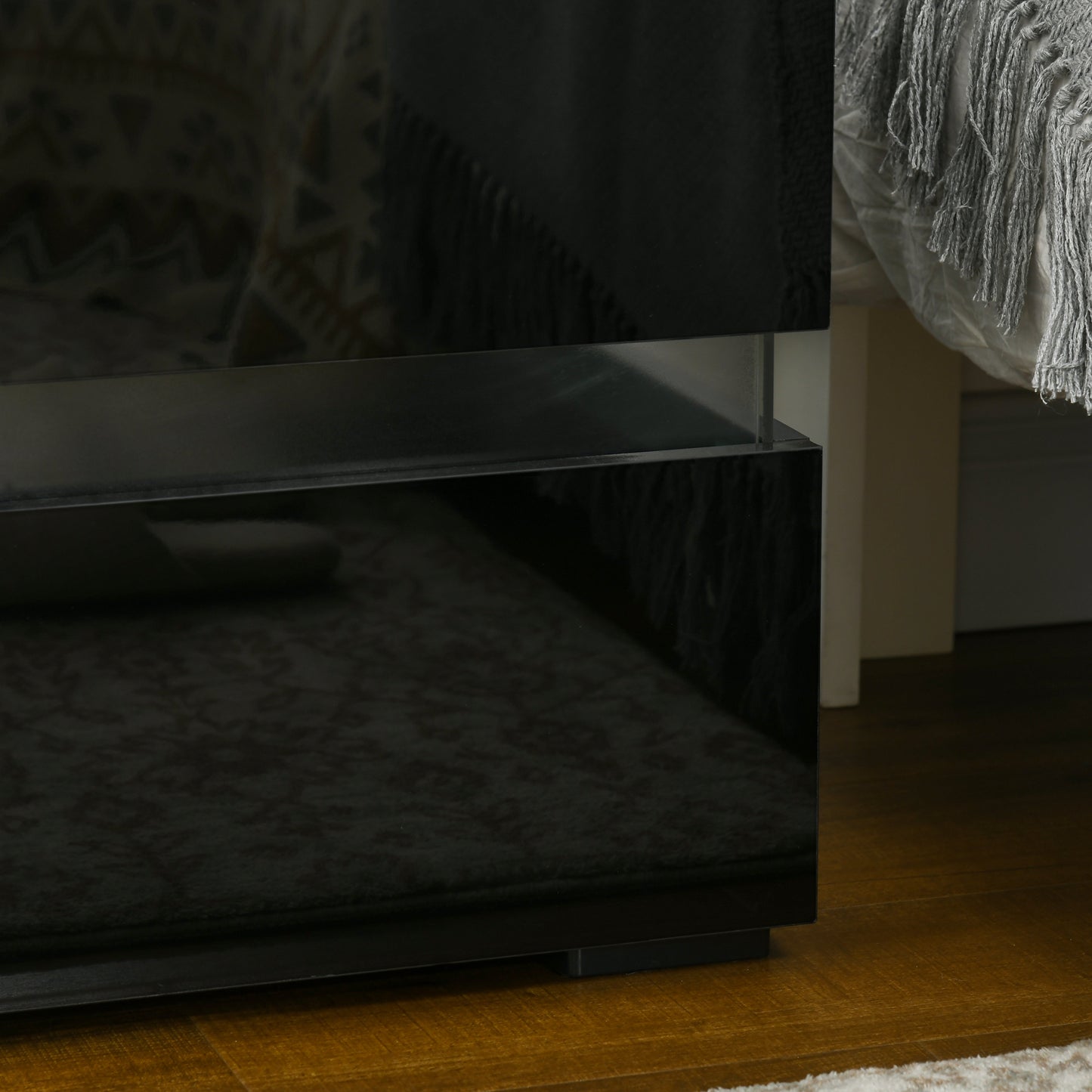 Modern Nightstand, Bedside Table with 2 High Gloss Drawers, USB Powered RGB LED Lights, Remote , Black