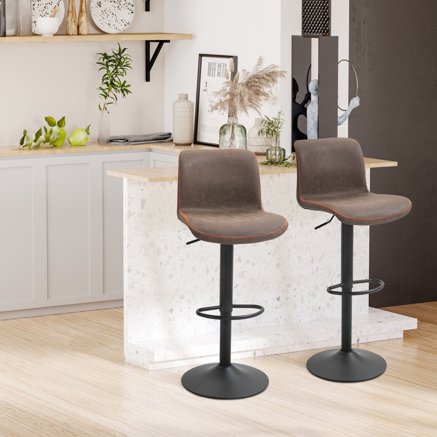 Bar Stools Set of 2, Swivel Counter Height Bar Stools with Adjustable Height and Footrest, PU Leather Upholstered Kitchen Stool for Breakfast Bar, Brown