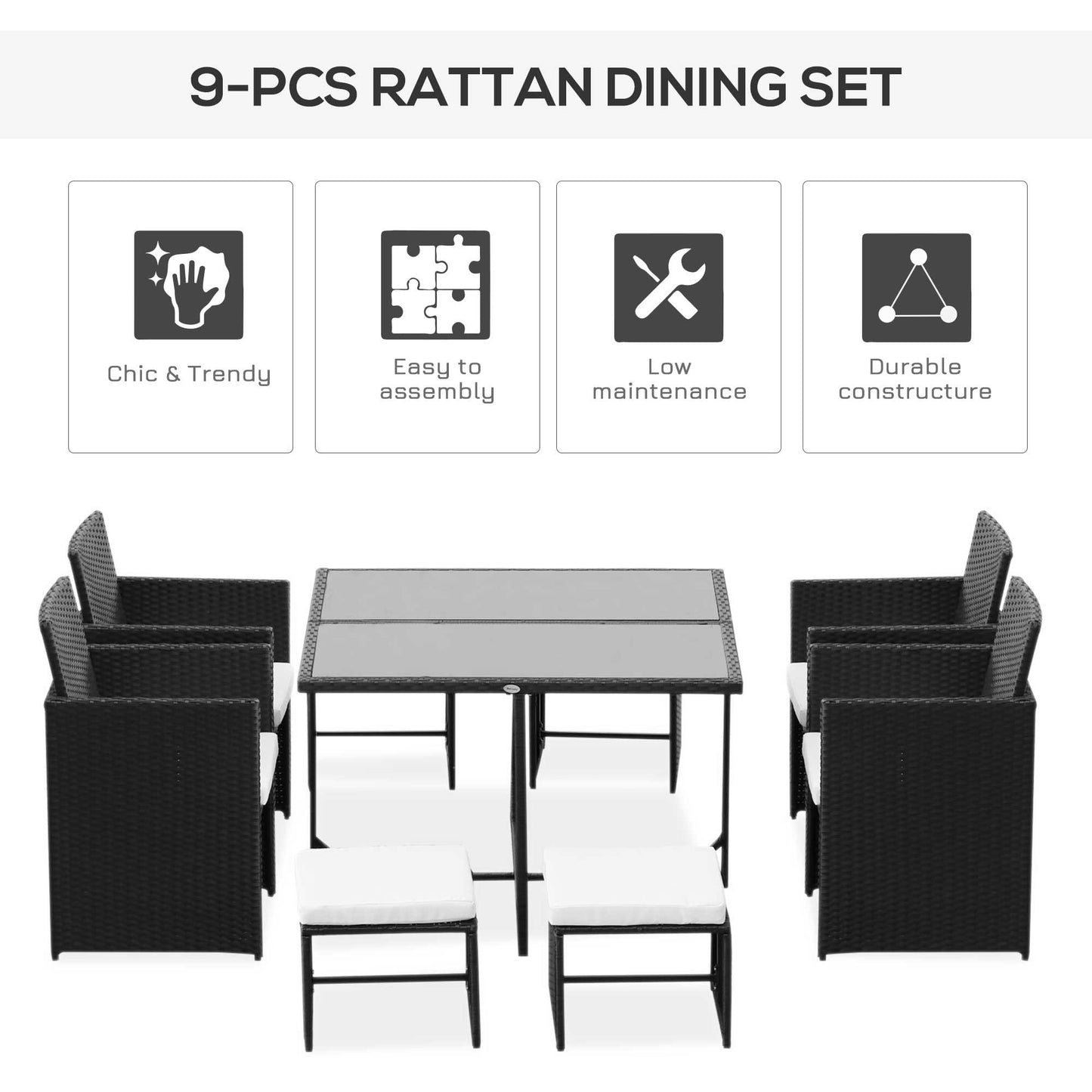 9 Pieces Patio Wicker Dining Set, PE Rattan Garden Sectional Sofa Outdoor Space-Saving Furniture Sets, White