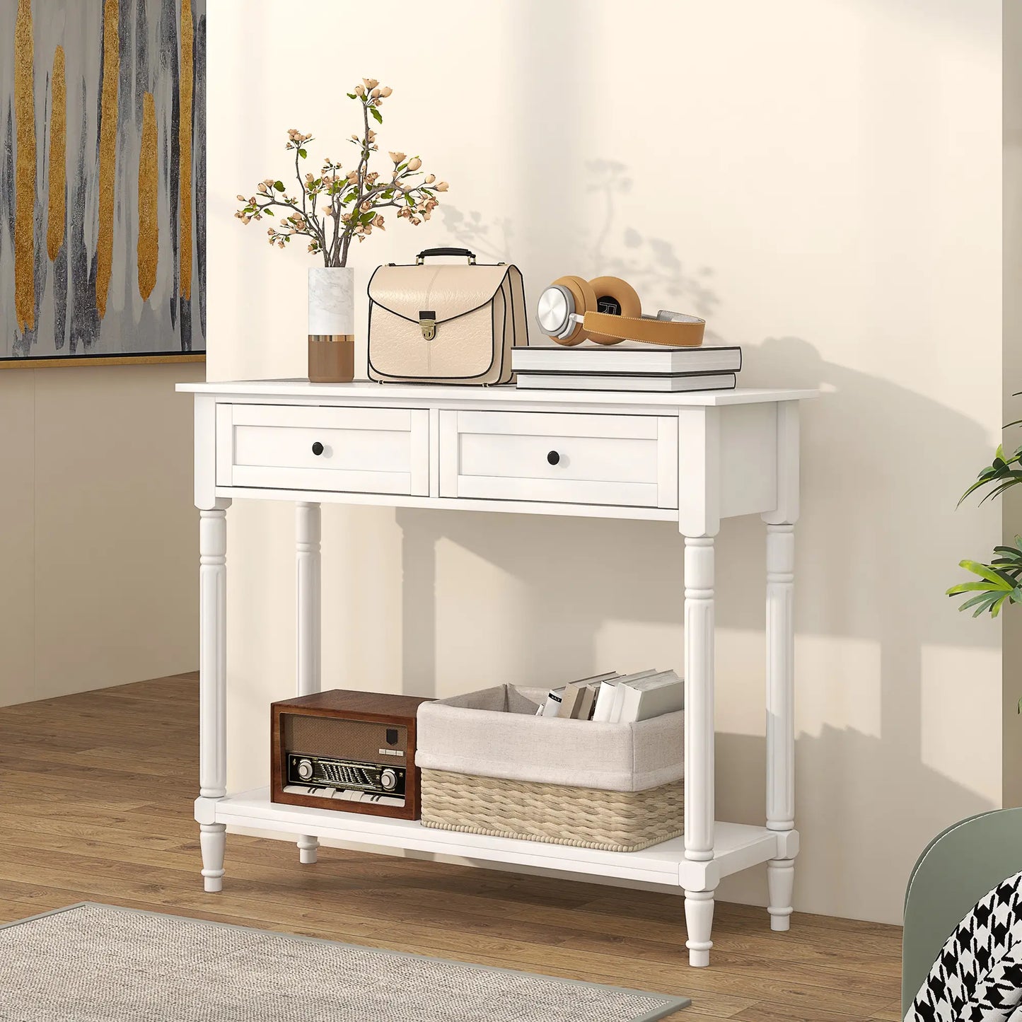 Modern Entryway Table with 2 Drawers, Storage Shelf and Turned Legs in white