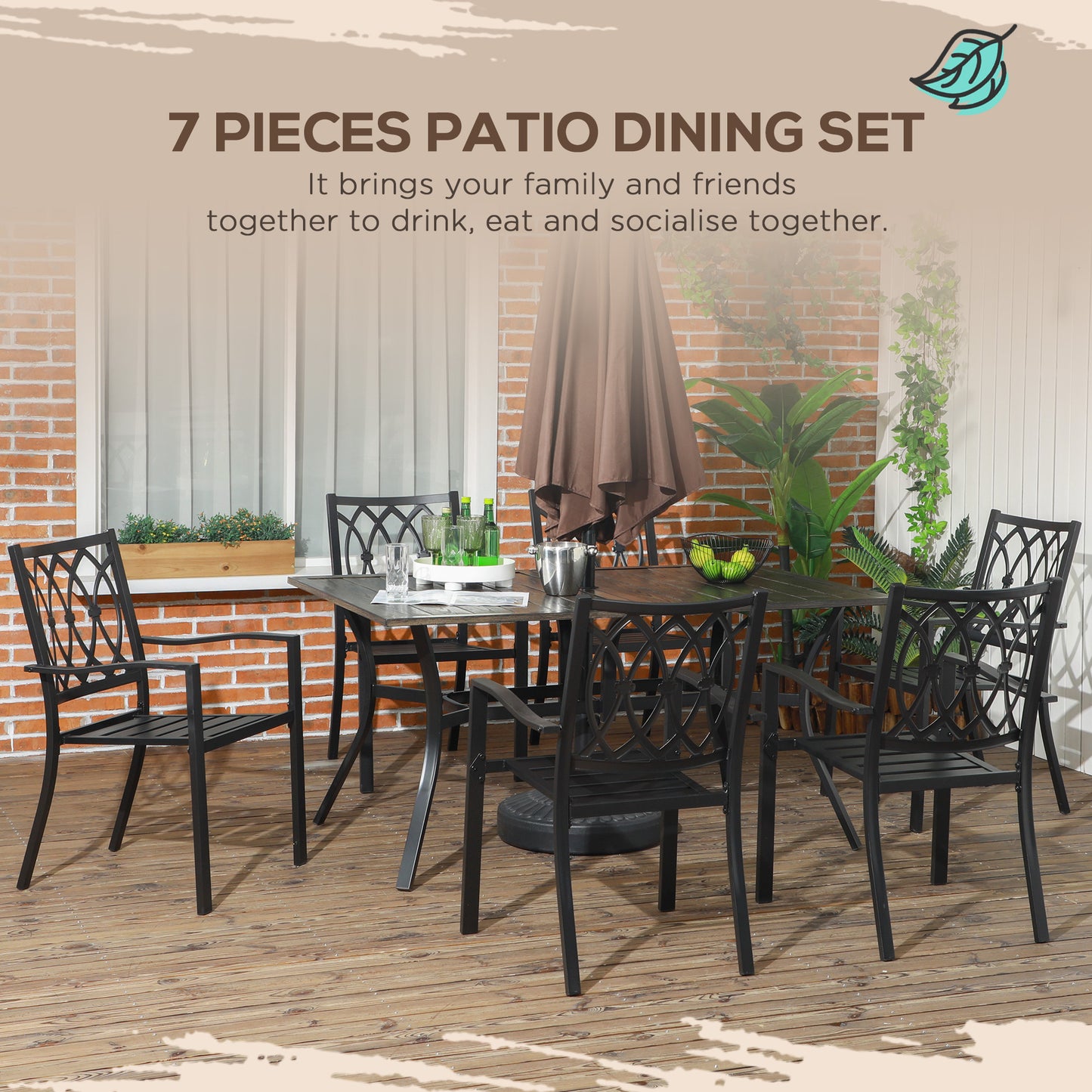 7 Pieces Outdoor Dining Set for 6 with Stackable Chairs with Wood Grain Top, for Garden, Patio, Backyard, Brown