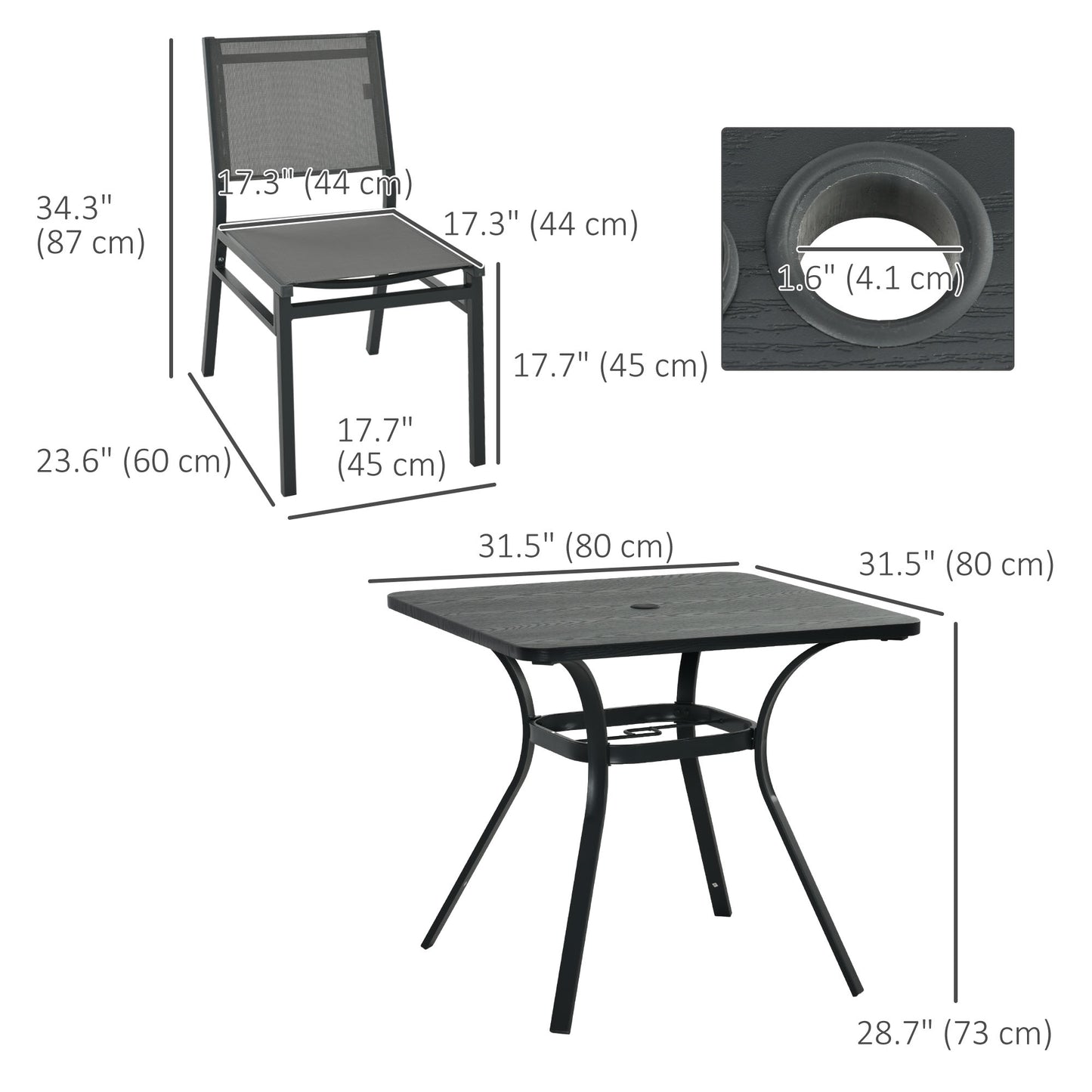 5 Pieces Outdoor Dining Set with Umbrella Hole, Patio Table and Chairs with Steel Top, Breathable Mesh Seat Back