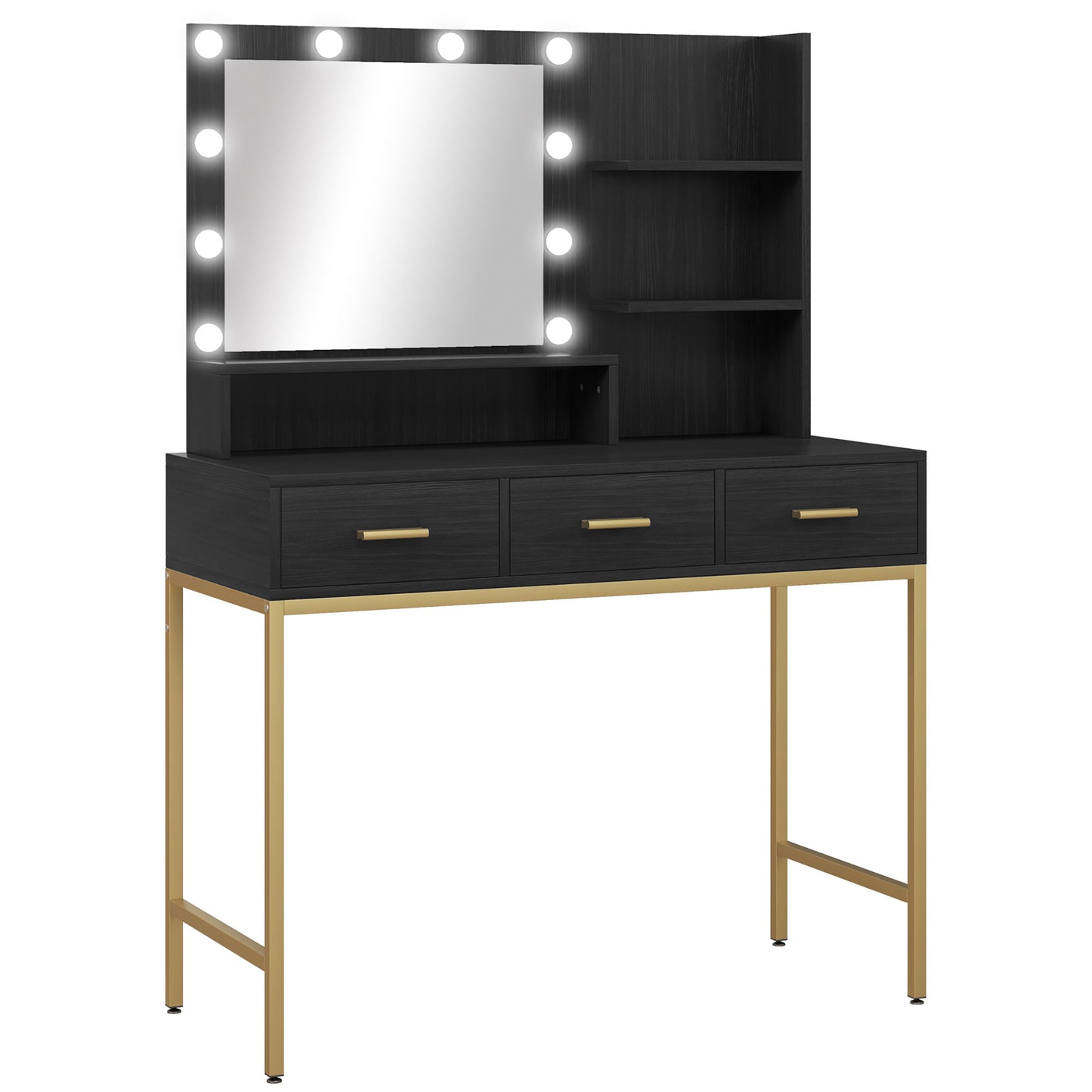 Illuminated Dressing Table, LED Vanity Table with Mirror, 3 Drawers and Storage Shelves for Bedroom, Black