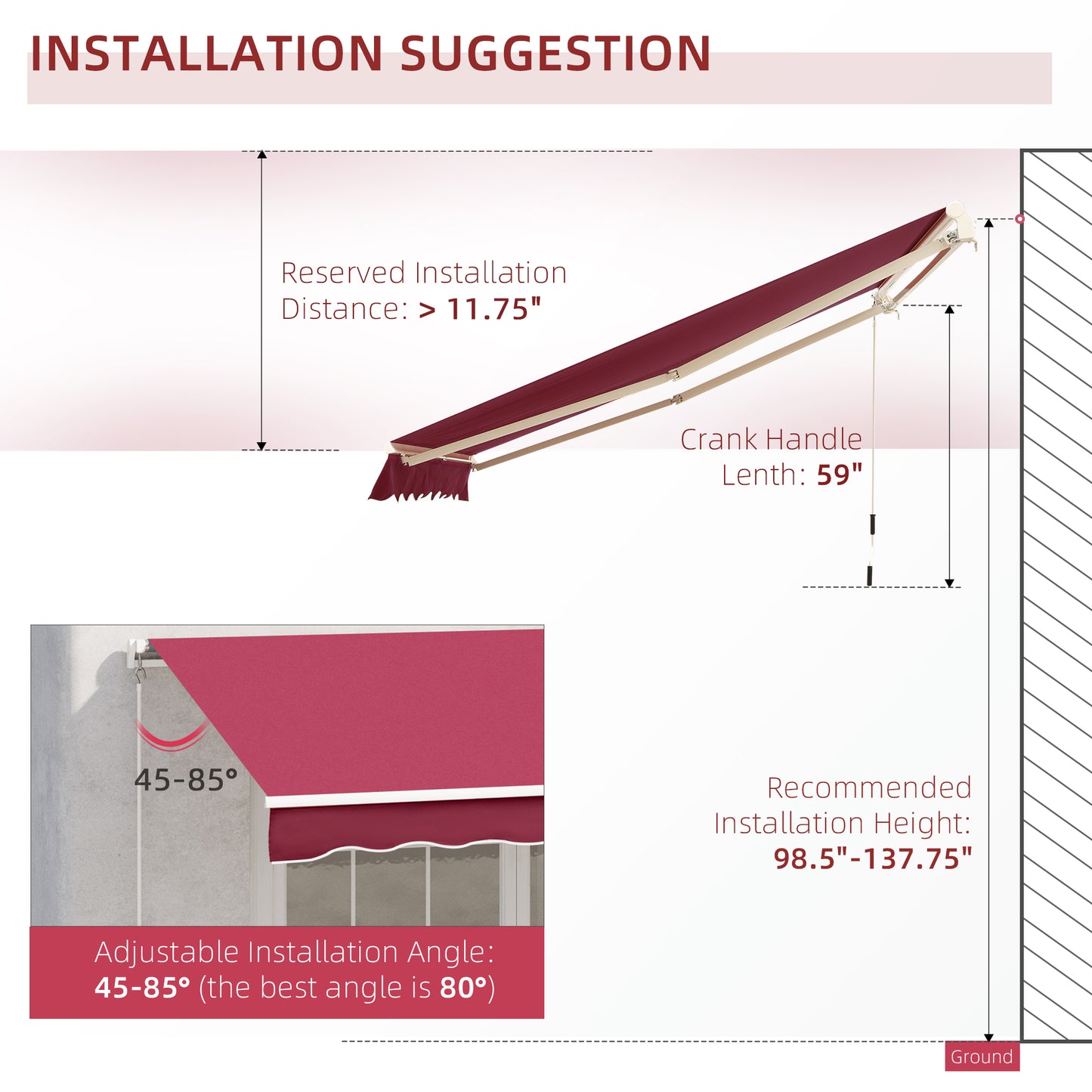 Outsunny 13'x8' Manual Retractable Patio Awning Water-resistant Sun Shade Outdoor Deck Window Door Canopy Shelter Aluminum Frame (Wine Red)