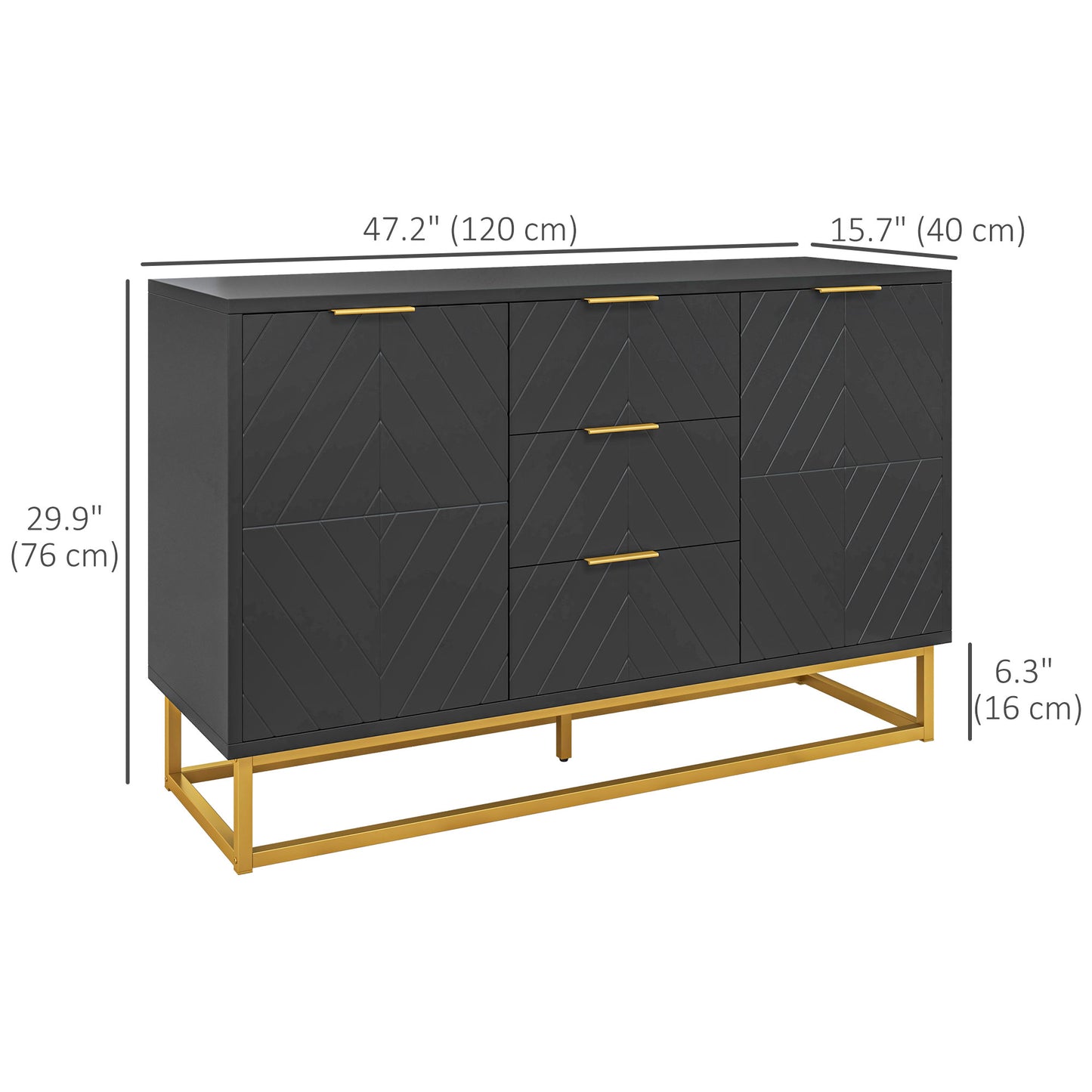 Sideboard Storage Cabinet with 3 Drawers, Adjustable Shelves and Doors, In Black