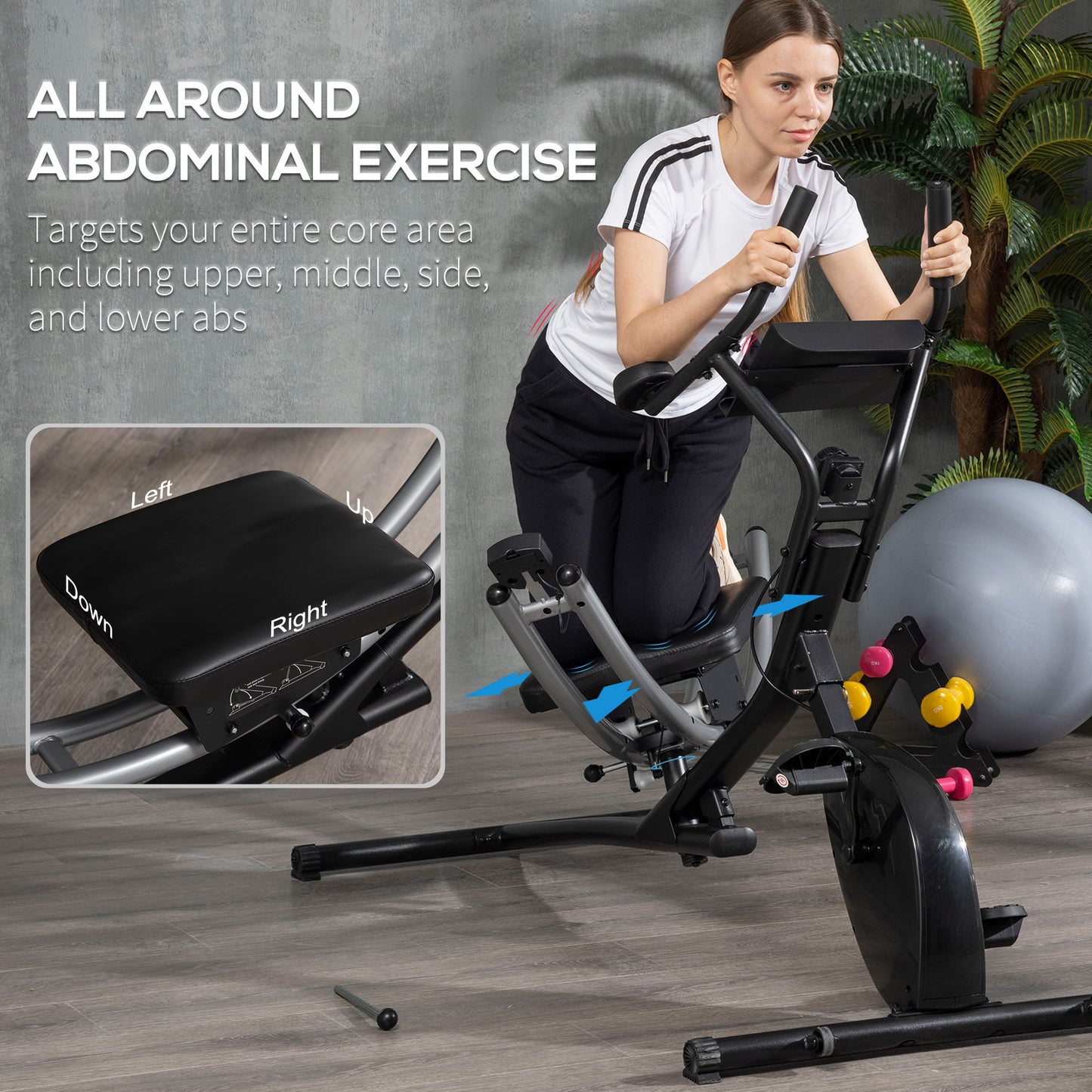 Ab Machine and Exercise Bike, Multi-functional Ab Workout Equipment Side Shaper w/ Three Adjustable Heights, 8-Level Adjustable Resistance and Two Wheels for Home Gym Strength Training