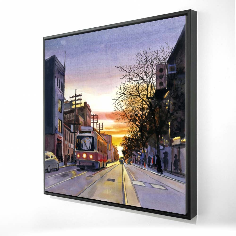 Sunset Streetscape To | Framed Print On Canvas 24" X 24"