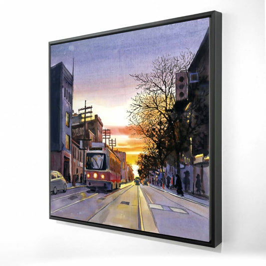 Sunset Streetscape To | Framed Print On Canvas 24" X 24"