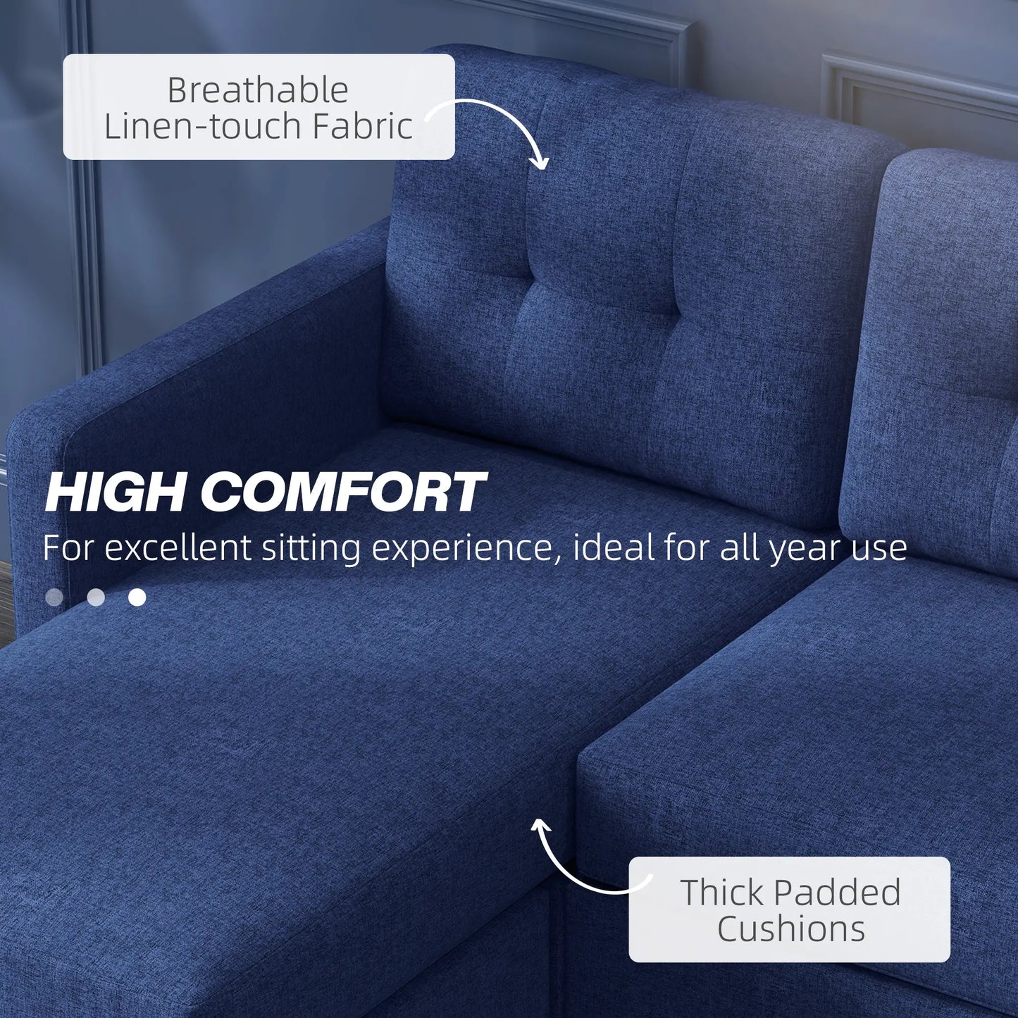 L-shaped Sofa, 3 Seater Sectional Couch with Ottoman with Thick Padded Cushion and Wood Legs, Dark Blue