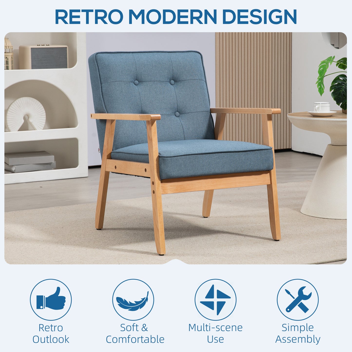 Modern Armchair Fabric, Accent Chair with Tufted Back, Wood Legs and Thick Padding for Living Room, Bedroom, Blue