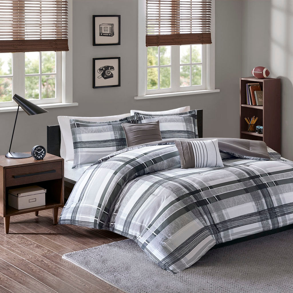 Neutral Plaid Comforter/Coverlet Set, Black FULL/QUEEN