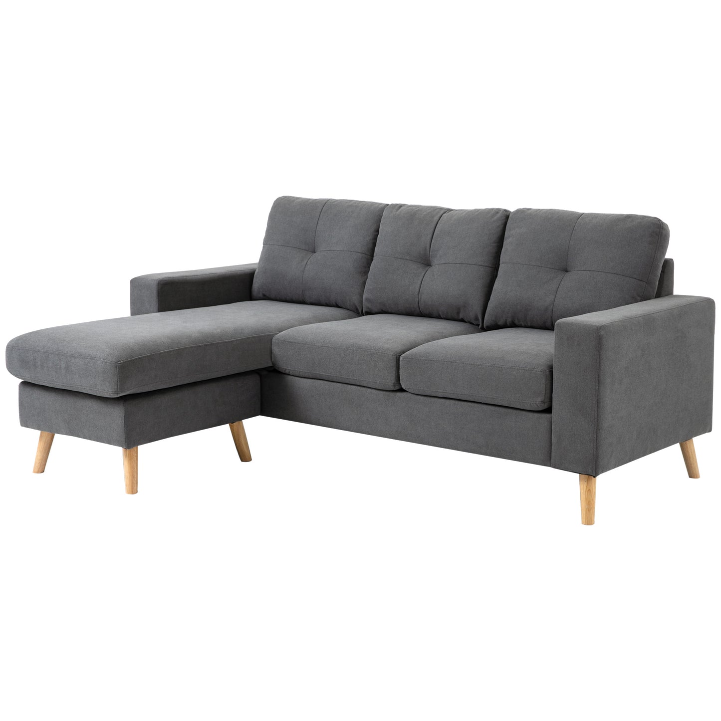 Sectional L Shaped Sofa Couch with Reversible Chaise, Wooden Legs. Great for small spaces, Living Room or Bedroom. In Dark Grey