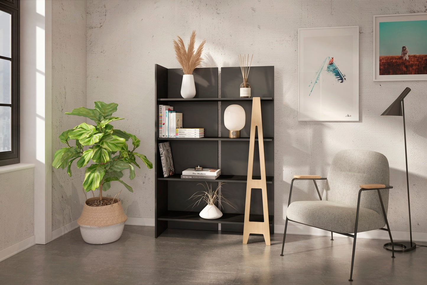 Nexera Atypik Bookcase, Black and Birch Plywood