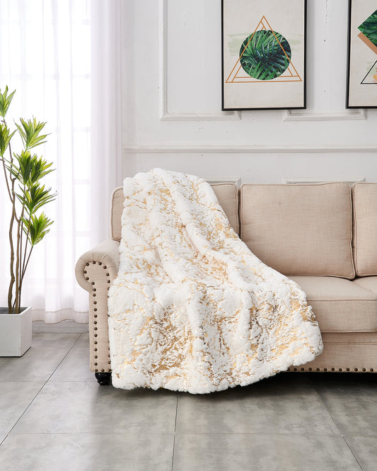 Luxury Chinchilla Faux Fur White & Gold Throw Blanket 50"x60