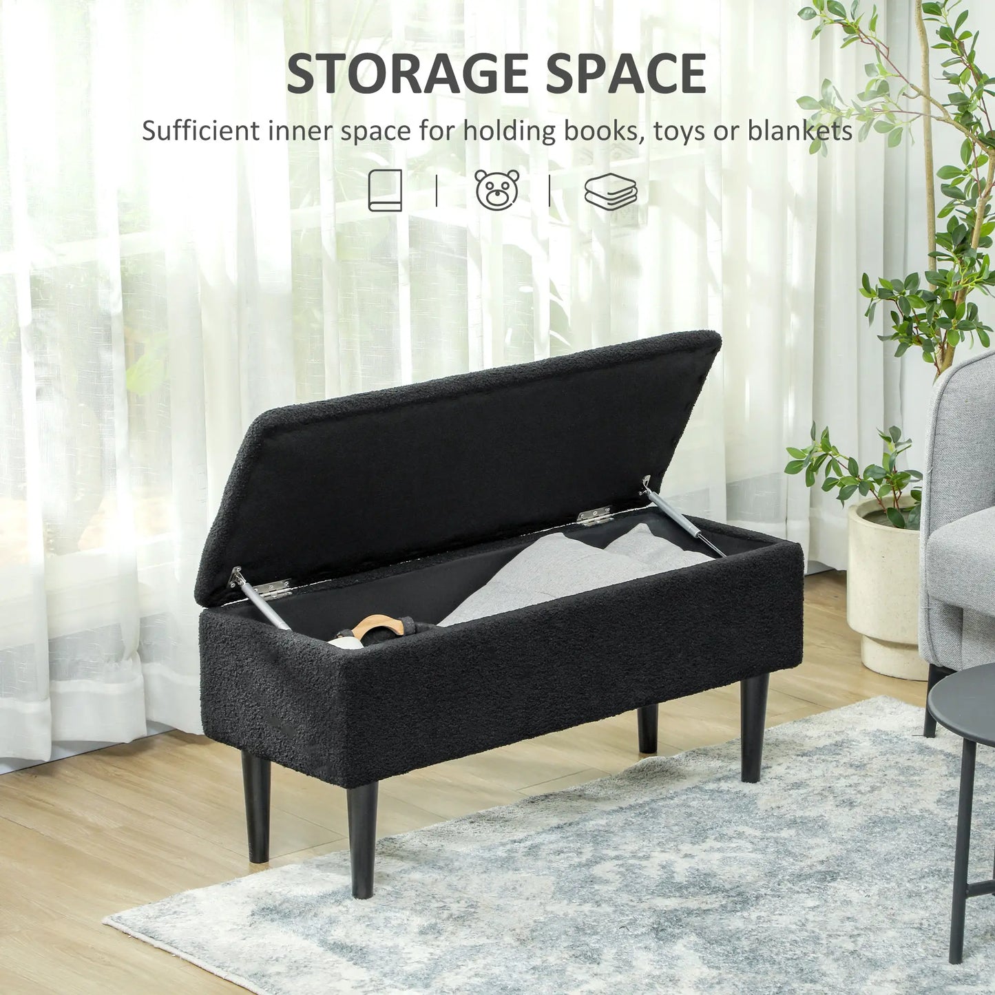 Modern Storage Bench, Lamb's Wool Upholstery for Living Room, Bedroom, Black