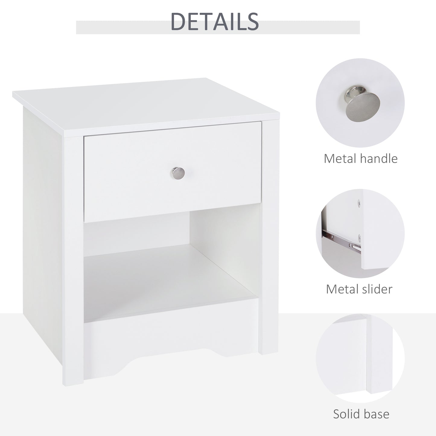 Bedside Table Set of 2, Night Stand with Drawer, Open Shelf and Metal Rail for Bedroom, Living Room, White