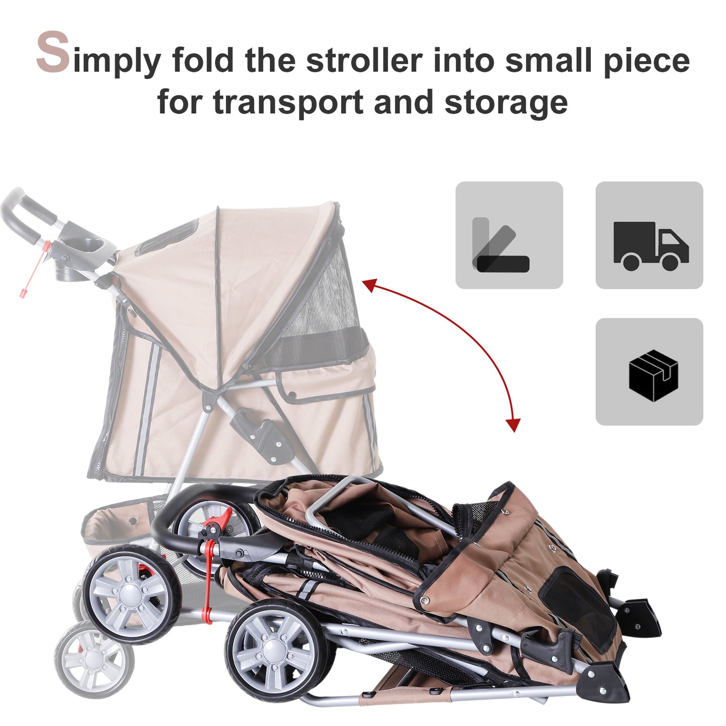 4 Wheel Dog Pet Stroller Dog Cat Carrier Folding Sunshade Canopy with Brake, Brown