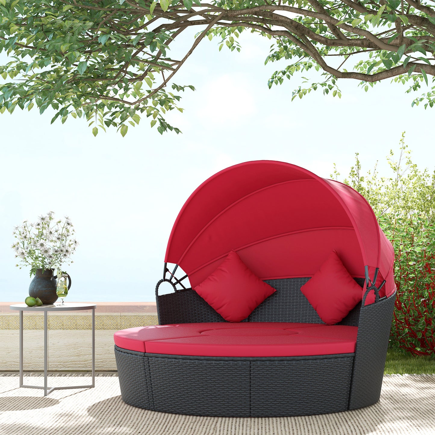 Outsunny 4-piece Round Sofa Bed, Outdoor Daybed with Retractable Canopy, PE Rattan Wicker Patio Lounge Chair