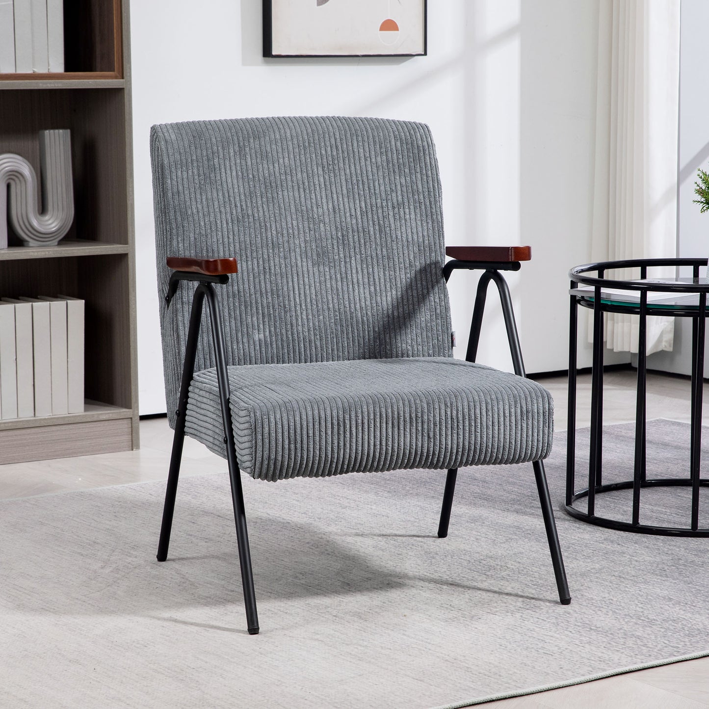 Modern Armchair, Upholstered Corduroy Accent Chair with Wood Arms and Steel Frame in white