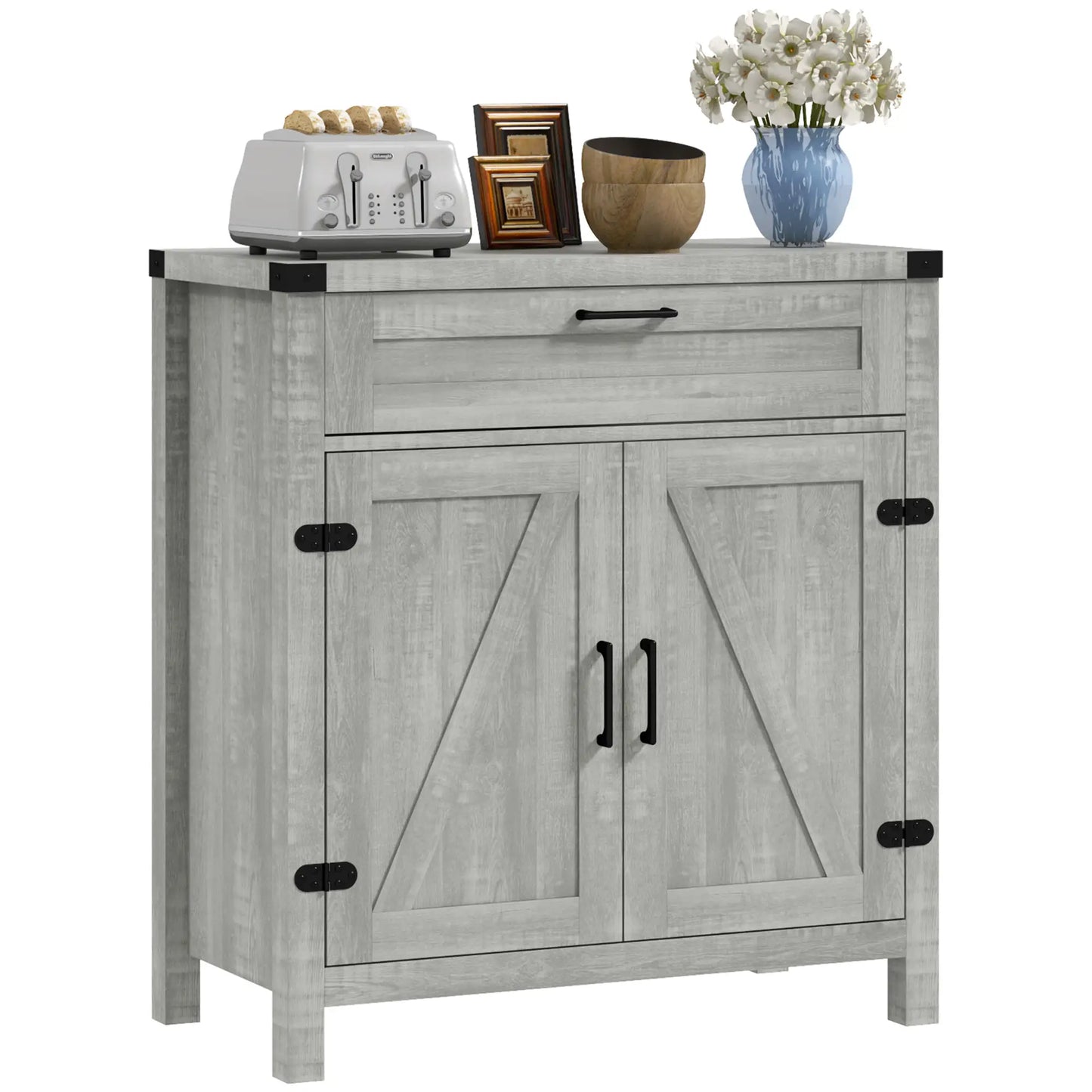 Farmhouse Kitchen Storage Cabinet or Entryway with 2 Rustic Barn Doors and Drawer, Light Grey