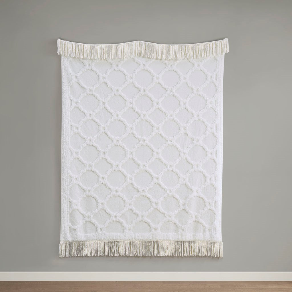 Fringed Tufted Throw Blanket, Moroccan Geometric, White