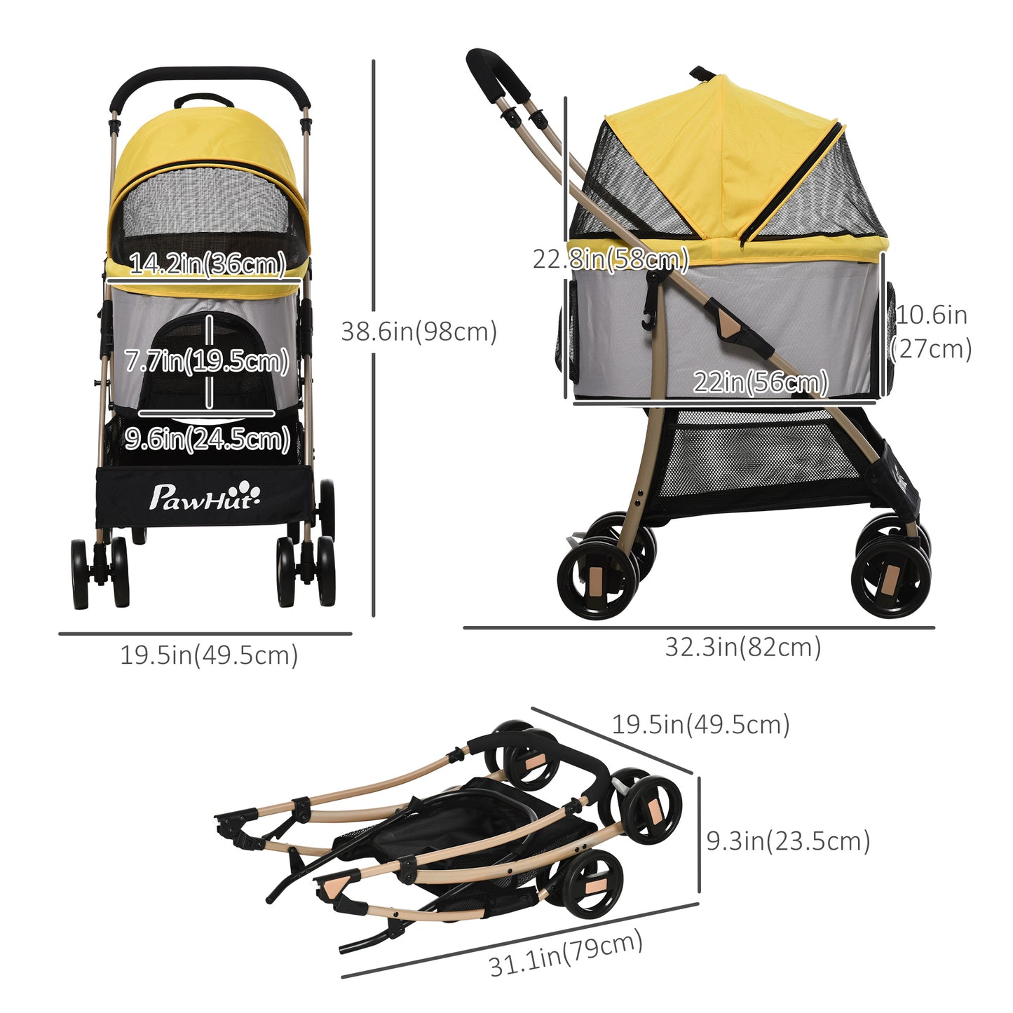 PawHut 4 Wheels Pet Stroller, 3 in 1 Dog Cat Travel Folding Carrier, for Small Dogs, Detachable, w/ Brake, Canopy, Basket, Storage Bag - Yellow