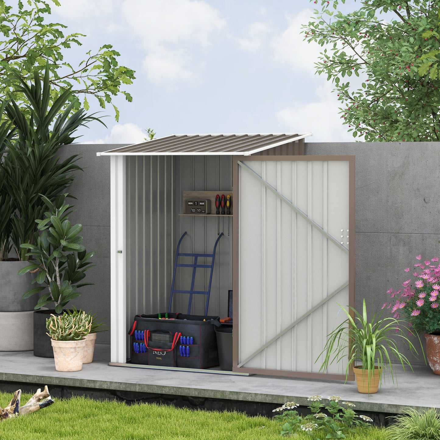 3.3' x 3.4' Lean-to Outdoor Garden Storage Shed, Galvanized Steel with Lockable Door for Patio Brown and White