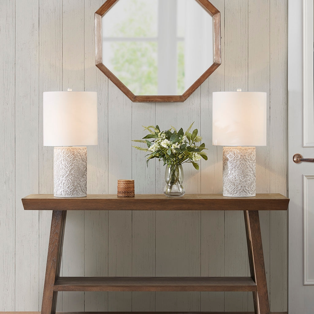 Dimmable Farmhouse Distressed Floral Table Lamp, Cream