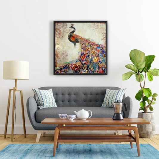 Majestic Peacock | Framed Print On Canvas 24" X 24"