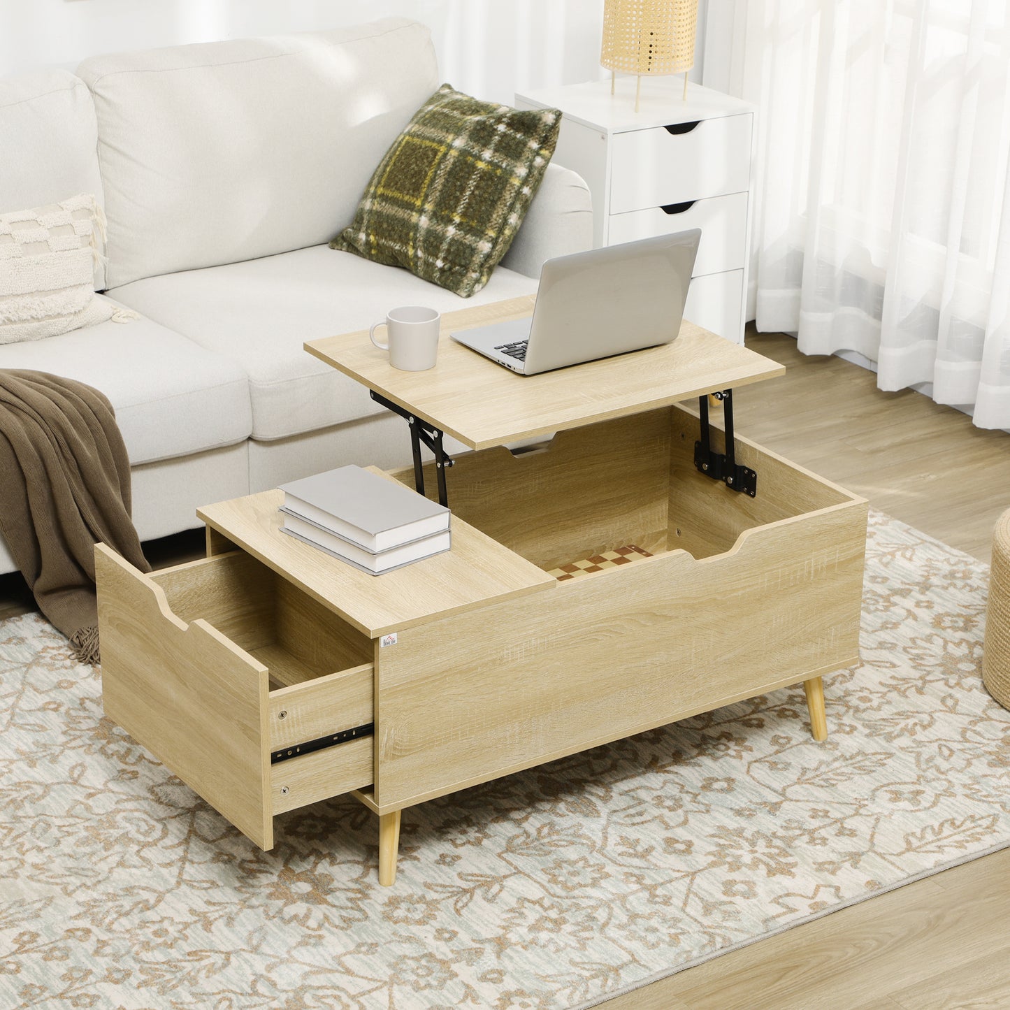 Coffee Table with Wood Legs, Lift Top Coffee Table with Drawer, Hidden Compartment, 38.6" x 21.3" x 18.9", Natural