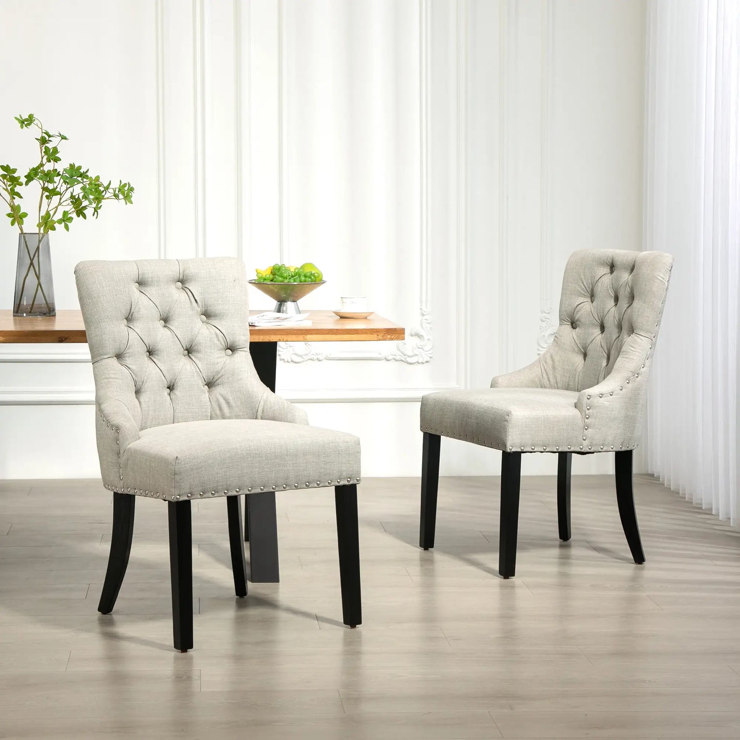 Swoop Air Linen Fabric Dining Chair Set of 2 with Nailhead Trim and Wood Legs Light Grey