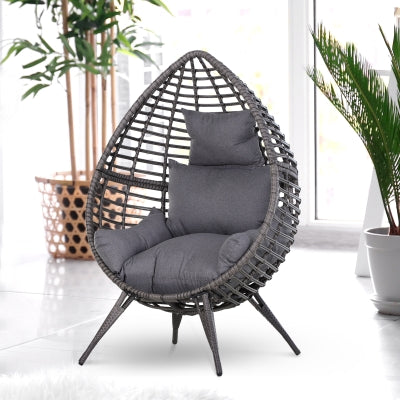 Egg Chair Rattan Wicker Lounge Chair 352lbs Capacity with Soft Cushion, Outdoor/Indoor with Height Adjustable Knob, Grey