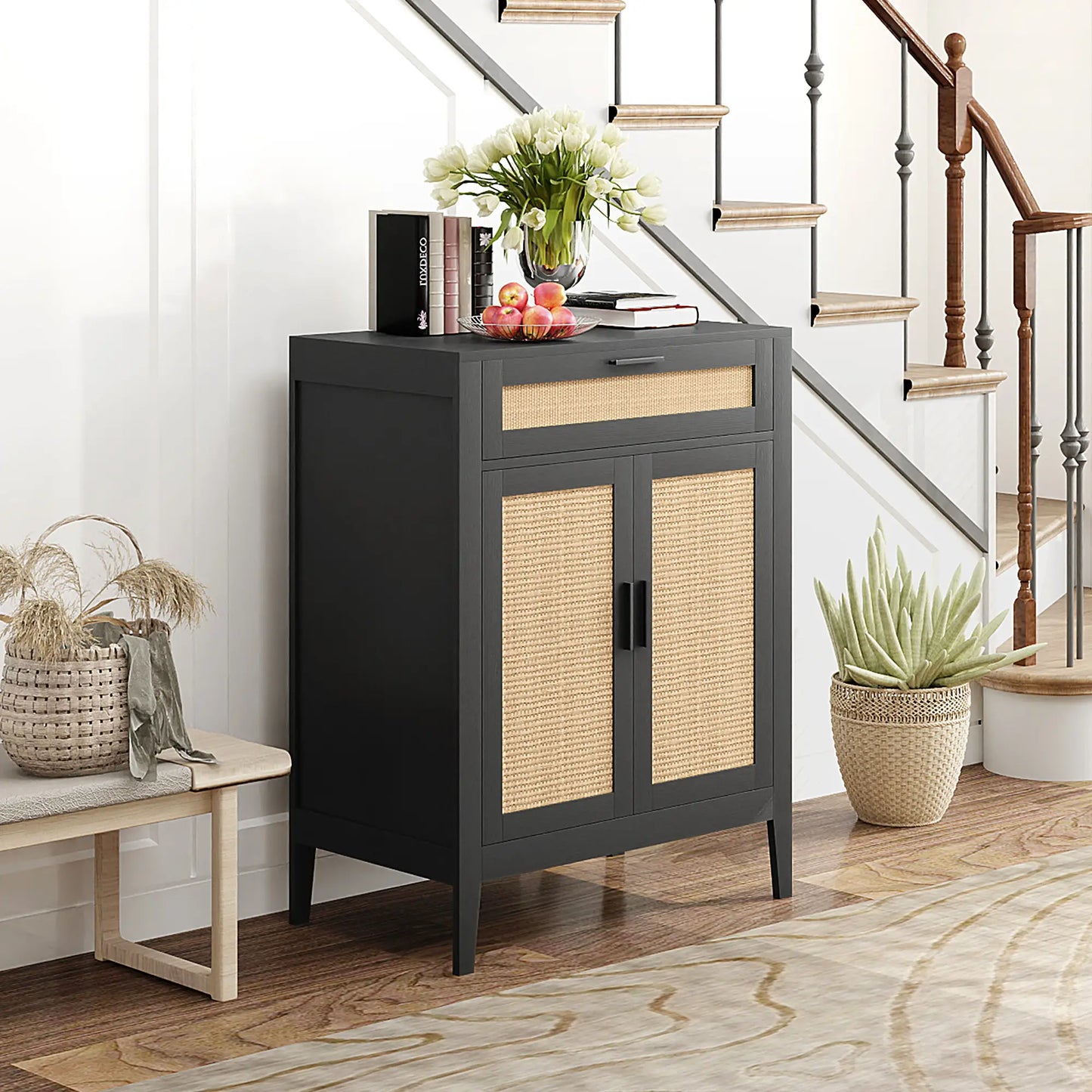 Boho Storage Entryway Cabinet with 2 Rattan Decorated Doors and Drawer for storage, Black