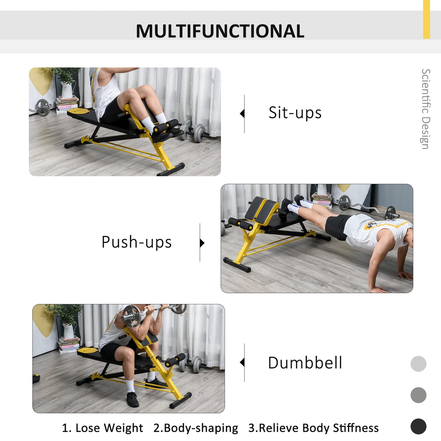 Adjustable Weight Bench Roman Chair Exercise Training Multi-Functional Hyper Extension Bench Dumbbell Bench Ab Sit up Decline Flat Black and Yellow