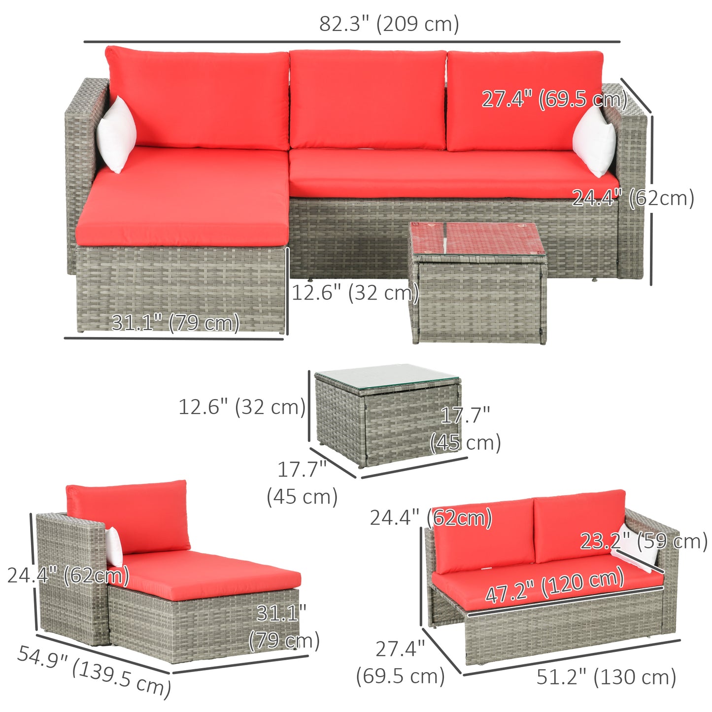 3pcs Modern Rattan Sofa Set, Wicker Patio Furniture Set with Coffee Table, Cushions, Pillows