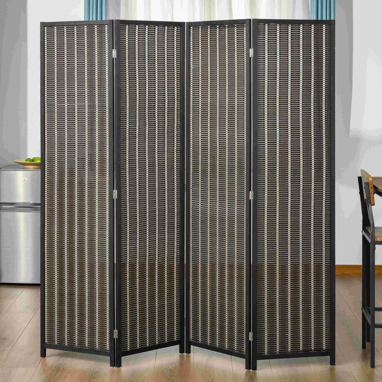 4 Panel Room Divider, 6 Ft Tall, Bamboo Hand-Woven Freestanding, Brown