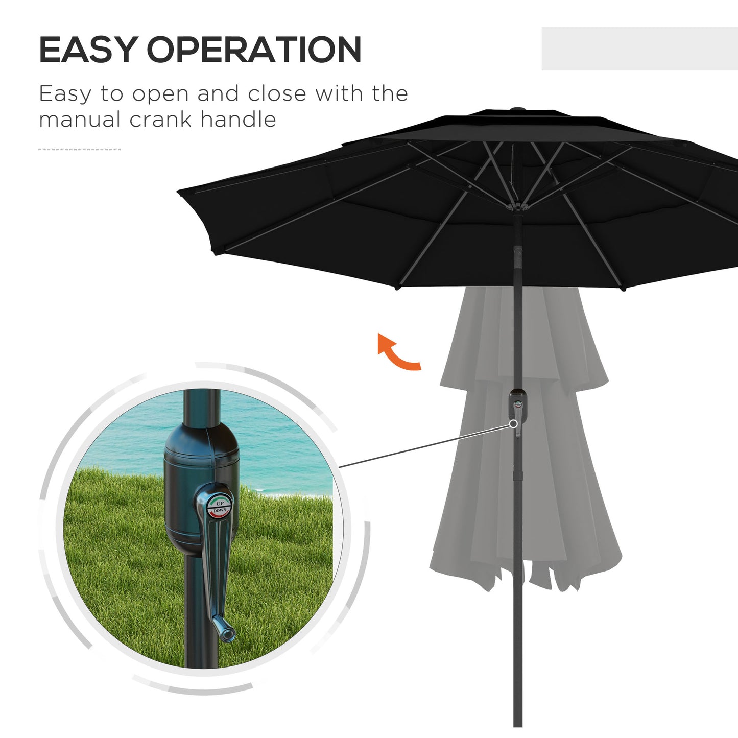 9FT 3 Tiers Patio Umbrella Parasol with Crank, Push Button Tilt for Deck, Backyard and Lawn, Black