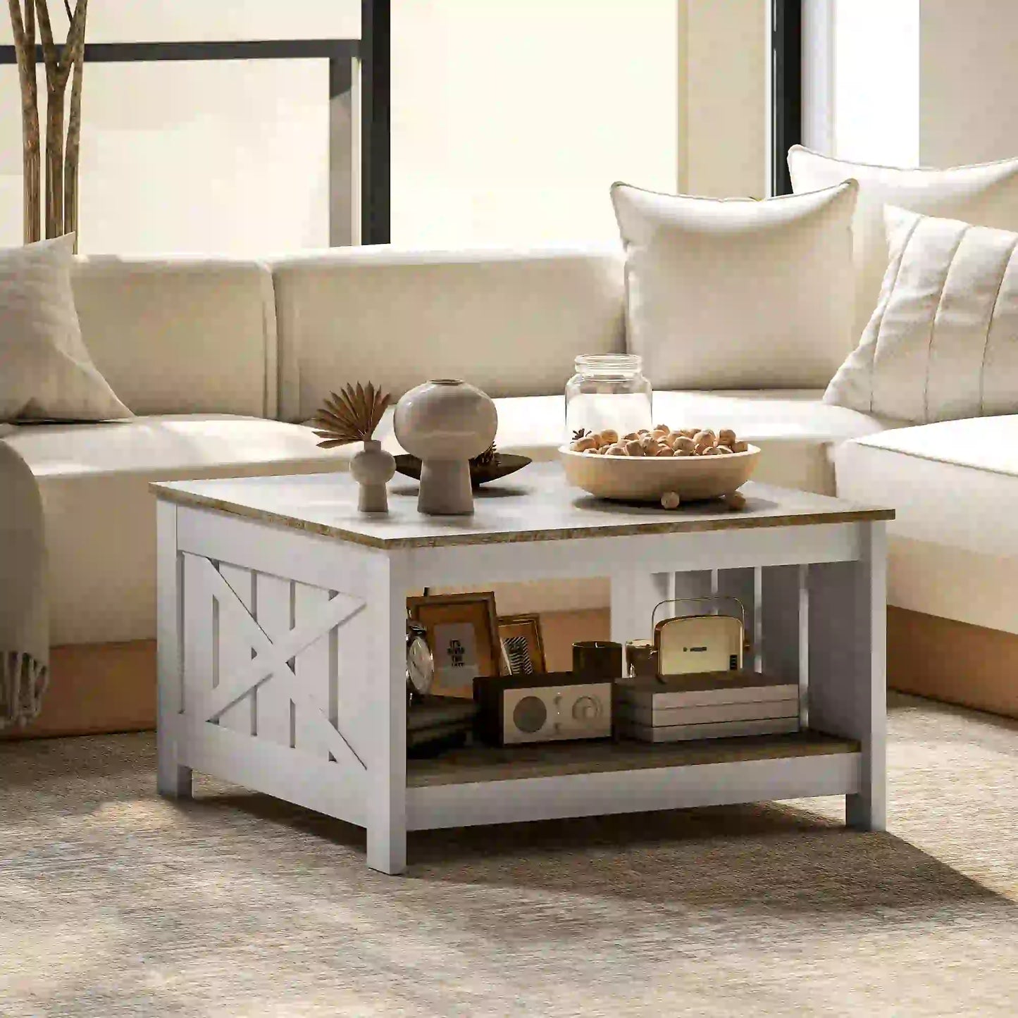 31.5" Square Coffee Table, Farmhouse 2-Tier Center Table Distressed Oak