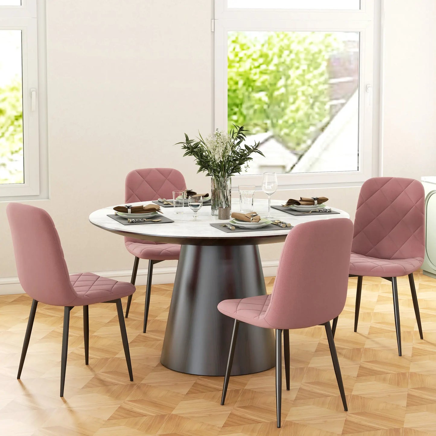 Set of 4 Dining Chair, Upholstered with Steel Legs, Pink