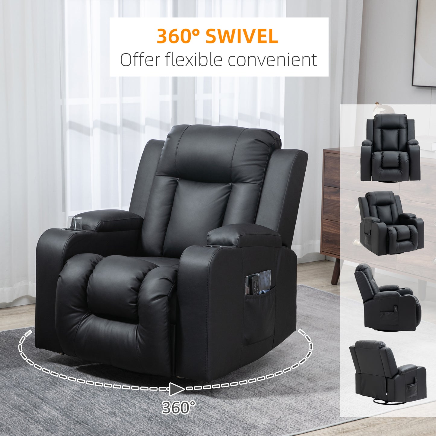 Massage Recliner Chair for Living Room with 8 Vibration Points, PU Leather Reclining Chair with Cup Holders, Swivel Base, Rocking Function, Black