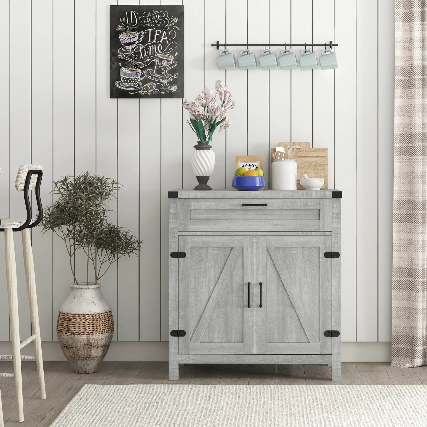 Farmhouse Kitchen Storage Cabinet or Entryway with 2 Rustic Barn Doors and Drawer, Light Grey