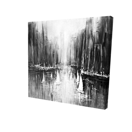 Grayscale Boats On the | Fine Art Print On Canvas 24" X 24"