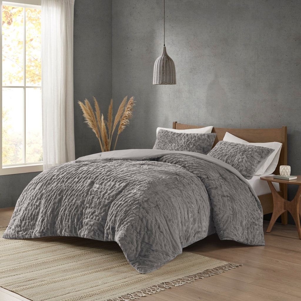 Ruched Faux Fur All-Season Comforter Set, Grey